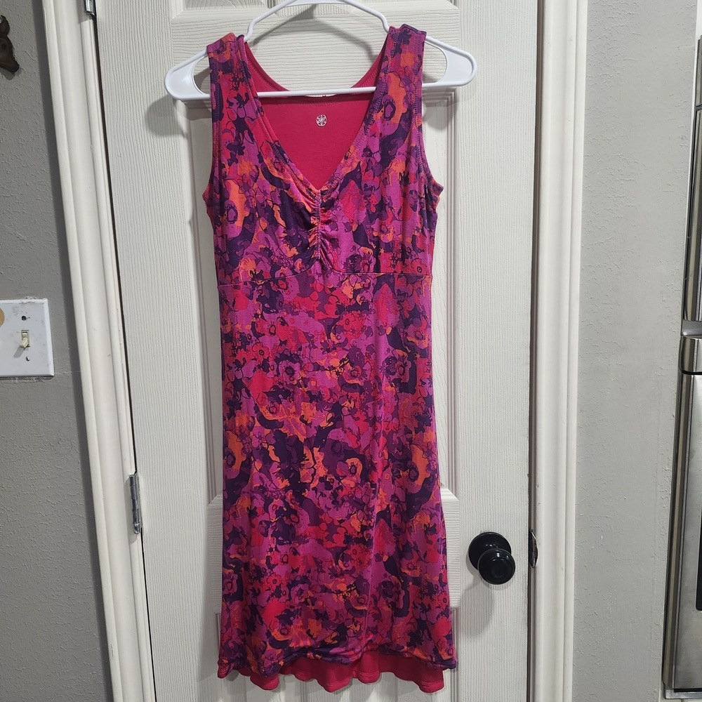 Gaiam Pink Floral Sleeveless‎ Dress Ruched V Neck Yoga Lounge Stretch small